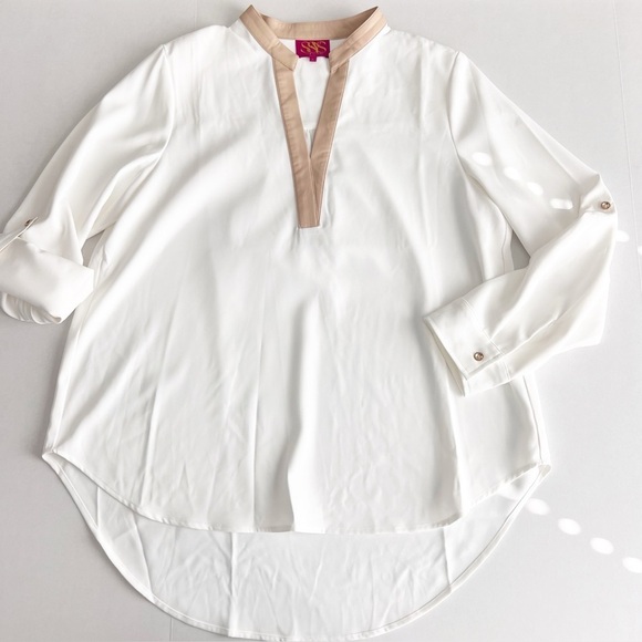 2/25 SSYS The Rose Faux Leather Trim Top In Ivory Tunic Boutique Shirt L Resort - Picture 2 of 5